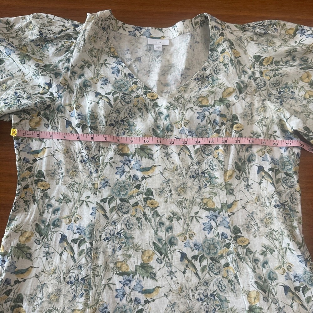 J.Jill Linen Midi Dress Large Lucite Bird Utopia Puff Sleeve Cottage Coastal - Picture 10 of 16